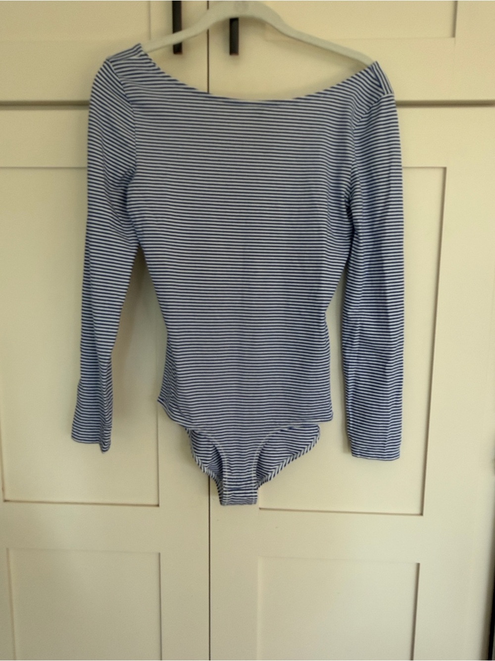 J. Crew Blue and White Boatneck Bodysuit